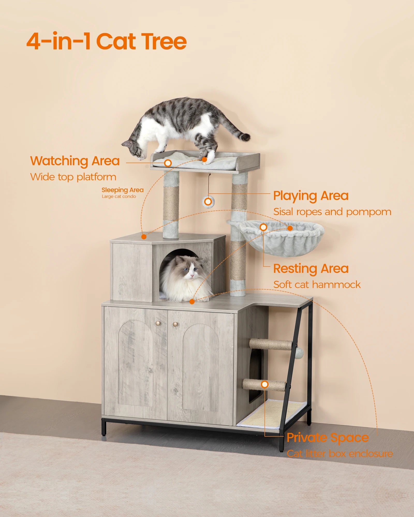 Kattenmeubel met Kattenbak Kast – 4-in-1 Kattenboom met Krabpaal, Platform en Kattenhuis – Modern Design met Sisal Krabmat