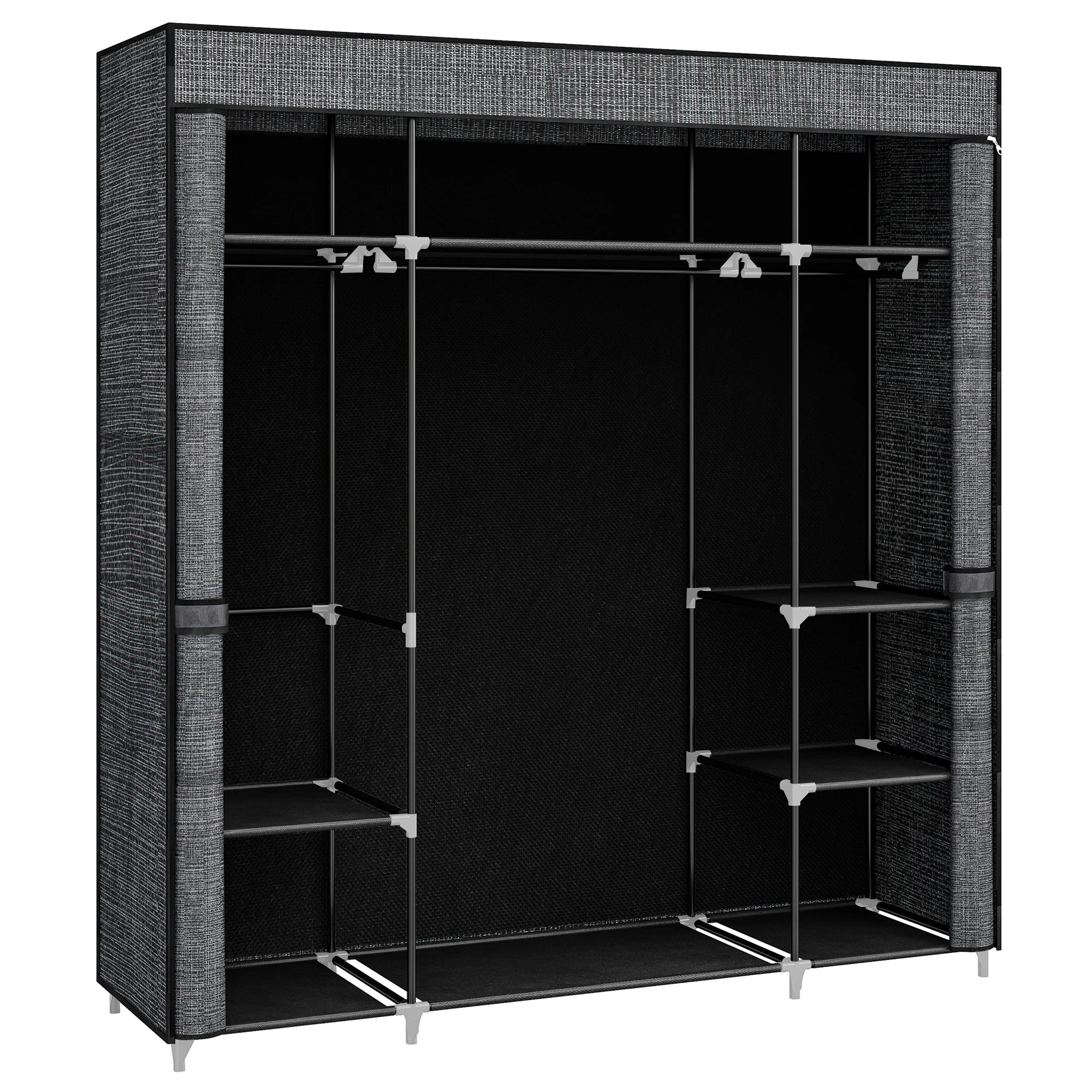 Opvouwbare Kledingkast met Stof – 162x43x175 cm – Draagbare Garderobekast met 3 Hangroedes en 9 Opbergvakken – Zwarte Stoffen Kast voor Slaapkamer
