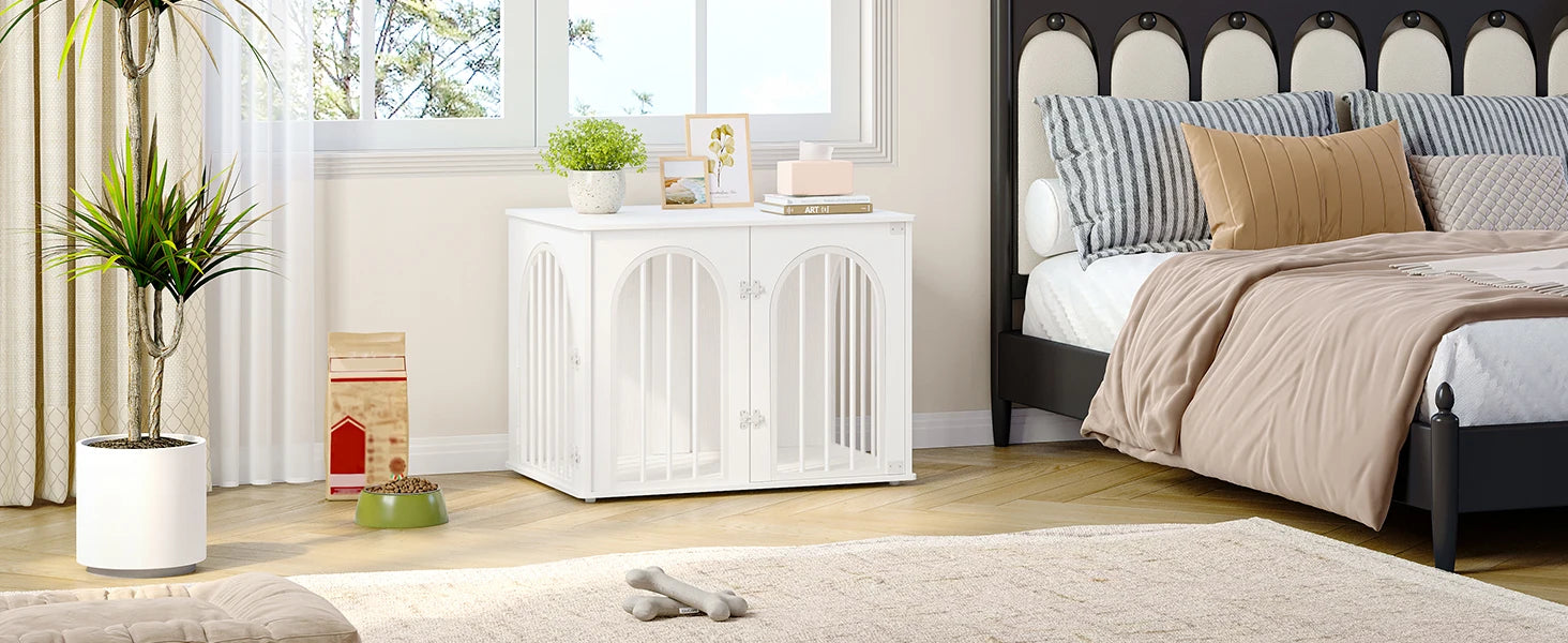 Houten Hondenbench Meubel 80 cm – Design Hondenkooi met 3 Deuren – Moderne Indoor Bench & Bijzettafel
