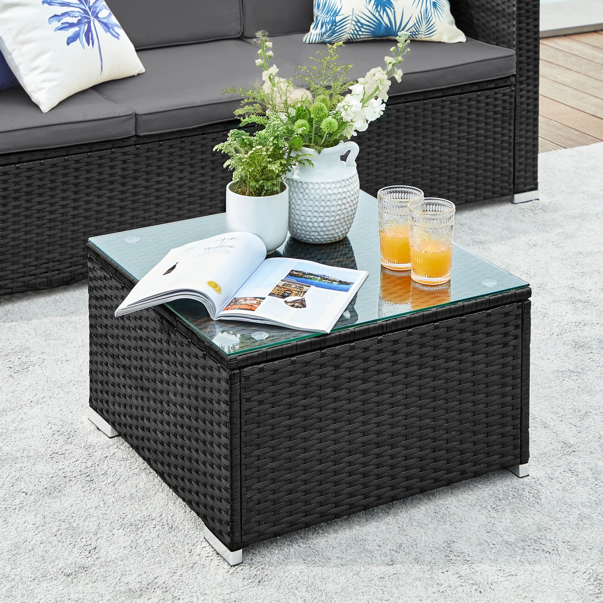 5-Delige Rotan Loungeset met Hoekbank, Voetenbank & Salontafel – Inclusief 7 Kussens – Tuinset voor Terras, Balkon & Tuin
