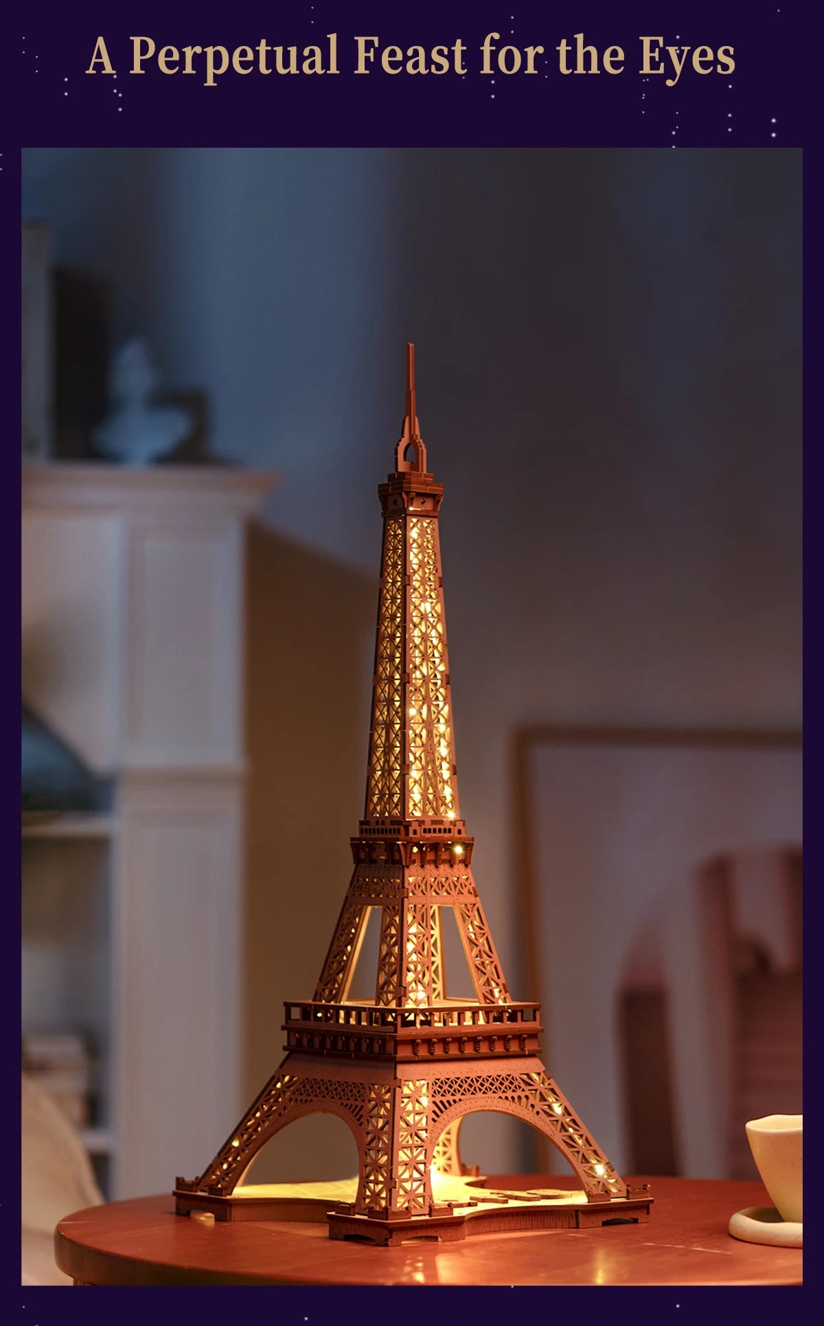 3D Houten Puzzel Eiffeltoren met LED Verlichting – Miniatuur Bouwpakket voor Volwassenen en Tieners – Decoratieve Modelbouw Set
