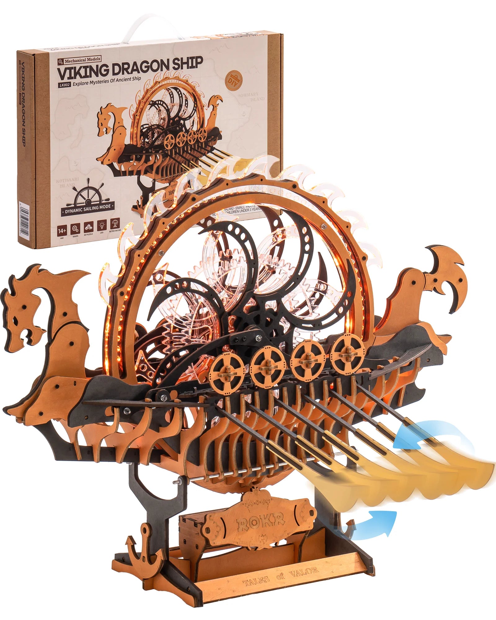 3D Houten Vikingschip Puzzel – Bewegend Model met LED Verlichting – Educatief Houten Speelgoed voor Kinderen en Volwassenen