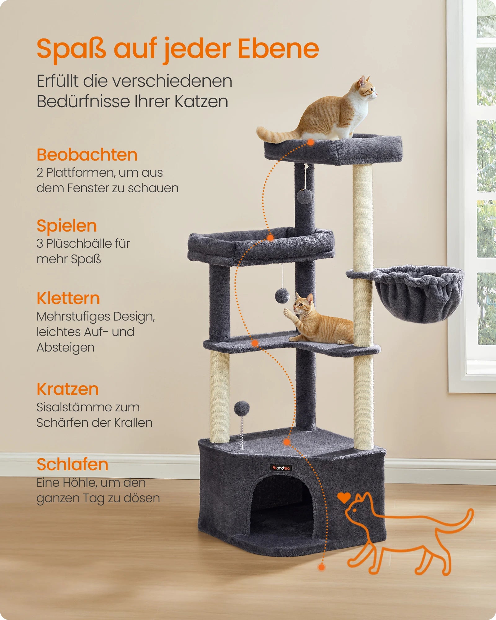 Krabpaal Hoekmodel 140 cm – Grote Kattenboom met Huisje, Mand & Platforms – Stabiele Krabtoren voor Grote Katten