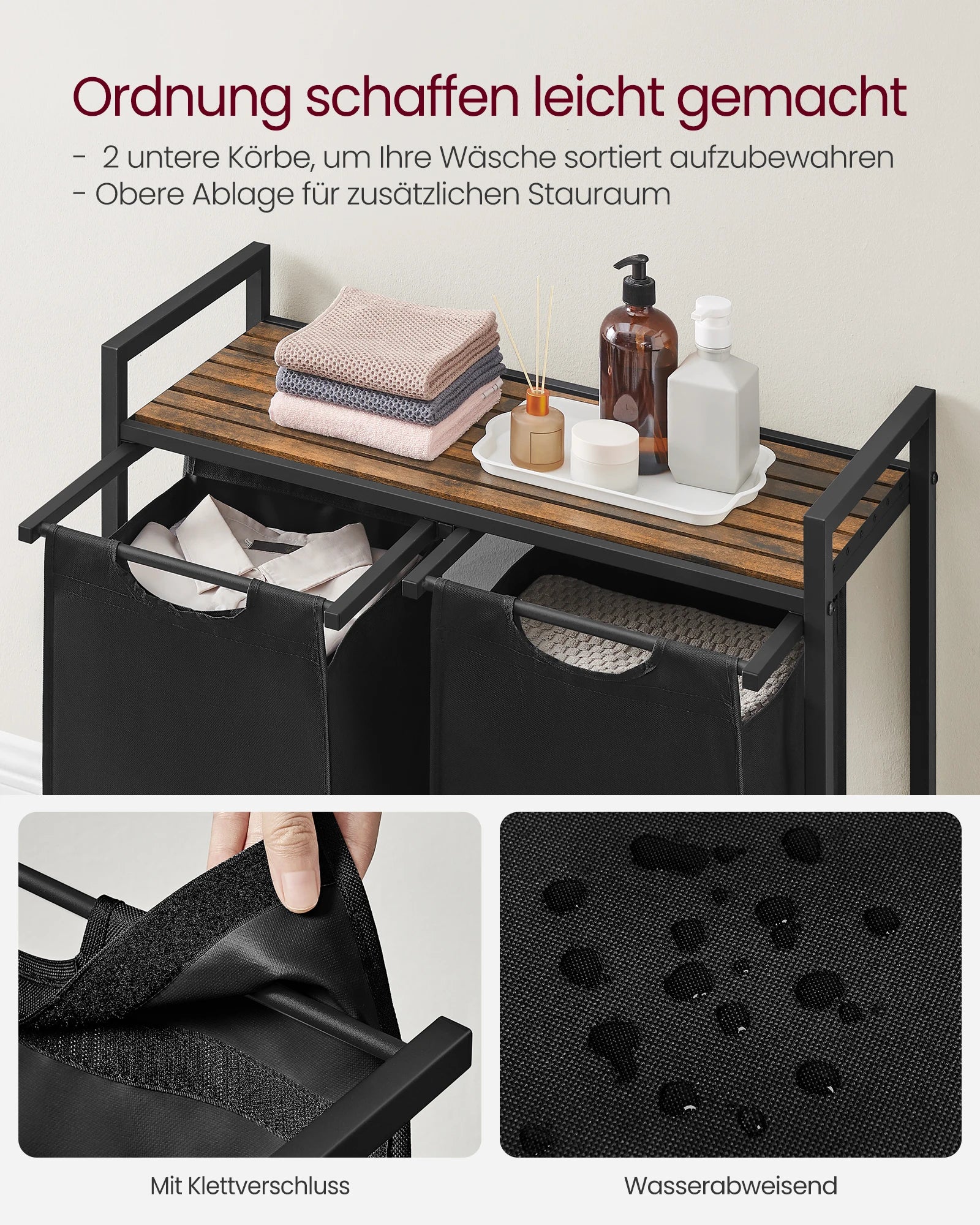 Grote Dubbele Wasmand met 2 Vakjes - 92 L - Stevig Frame & Afneembare Waszakken