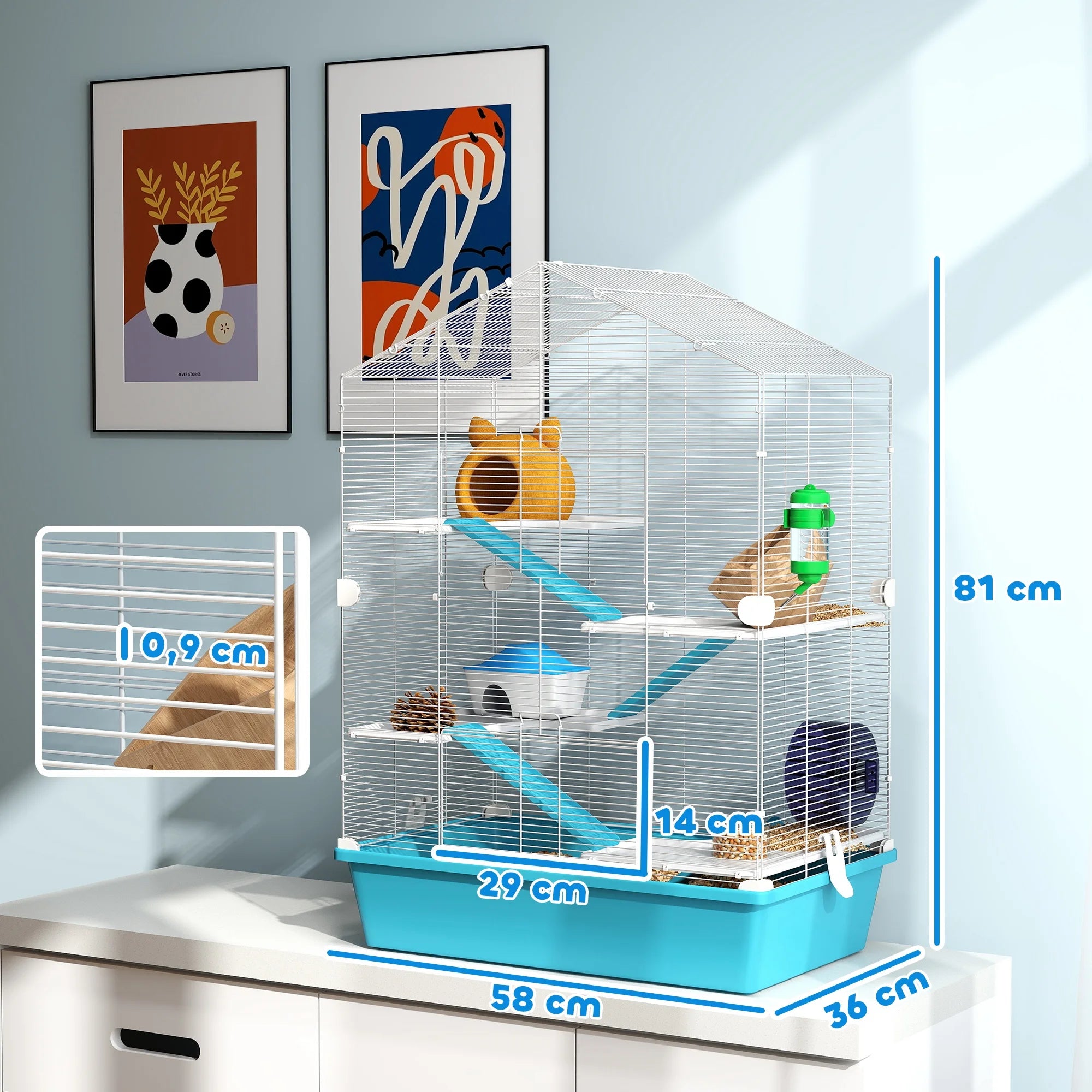 Hamsterkooi met 5 Niveaus en Accessoires – Ruime Knaagdierkooi met Loopwiel en Platforms (58x36x81 cm)