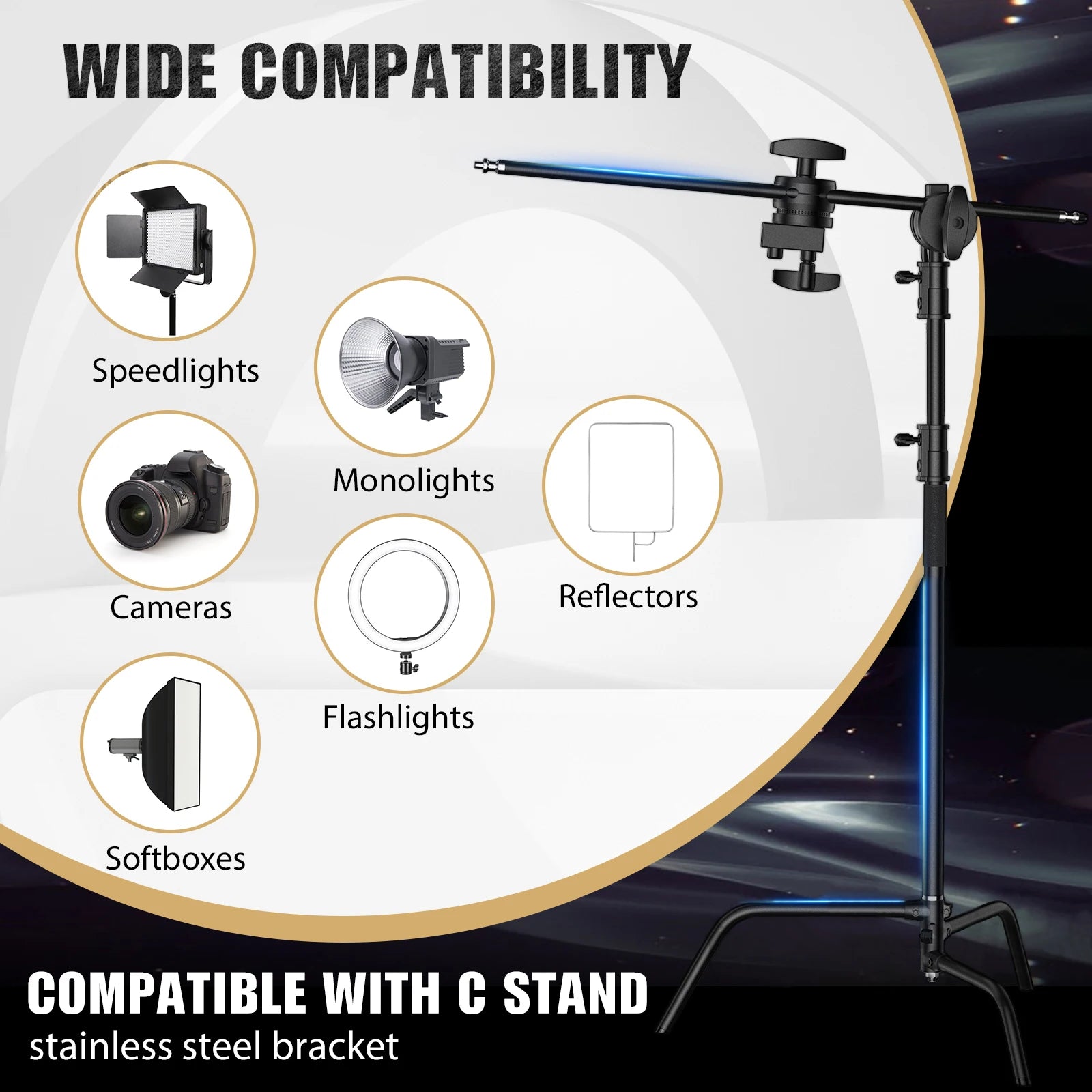 Heavy Duty C-Stand Lichtstatief 2,6M / 3,3M – RVS Fotografie Statief voor Studio, Camera, Softbox en LED Lamp