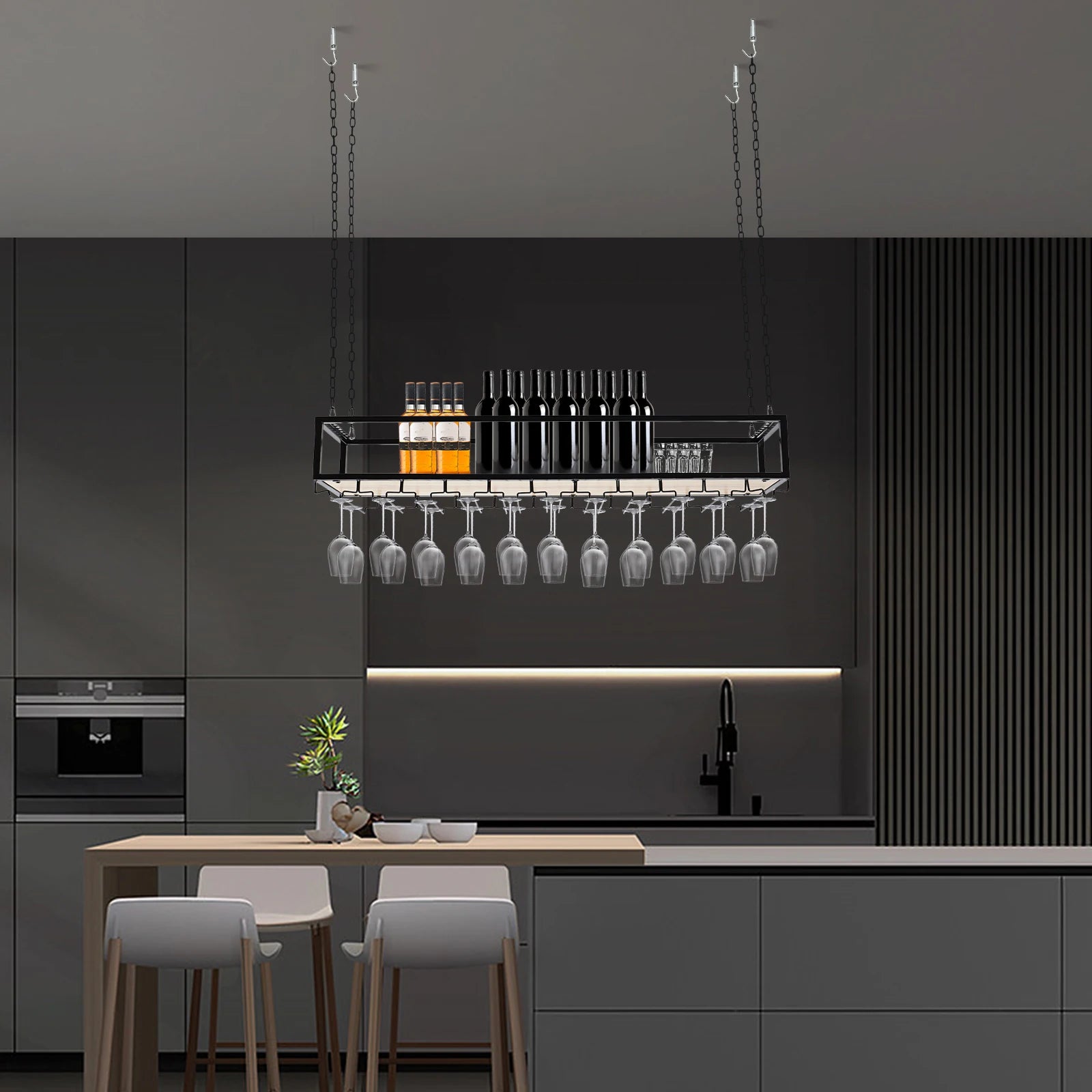 Hangend Wijnrek Industrieel met Glazenhouder – Vintage Plafond Wijnrek Metaal & Hout