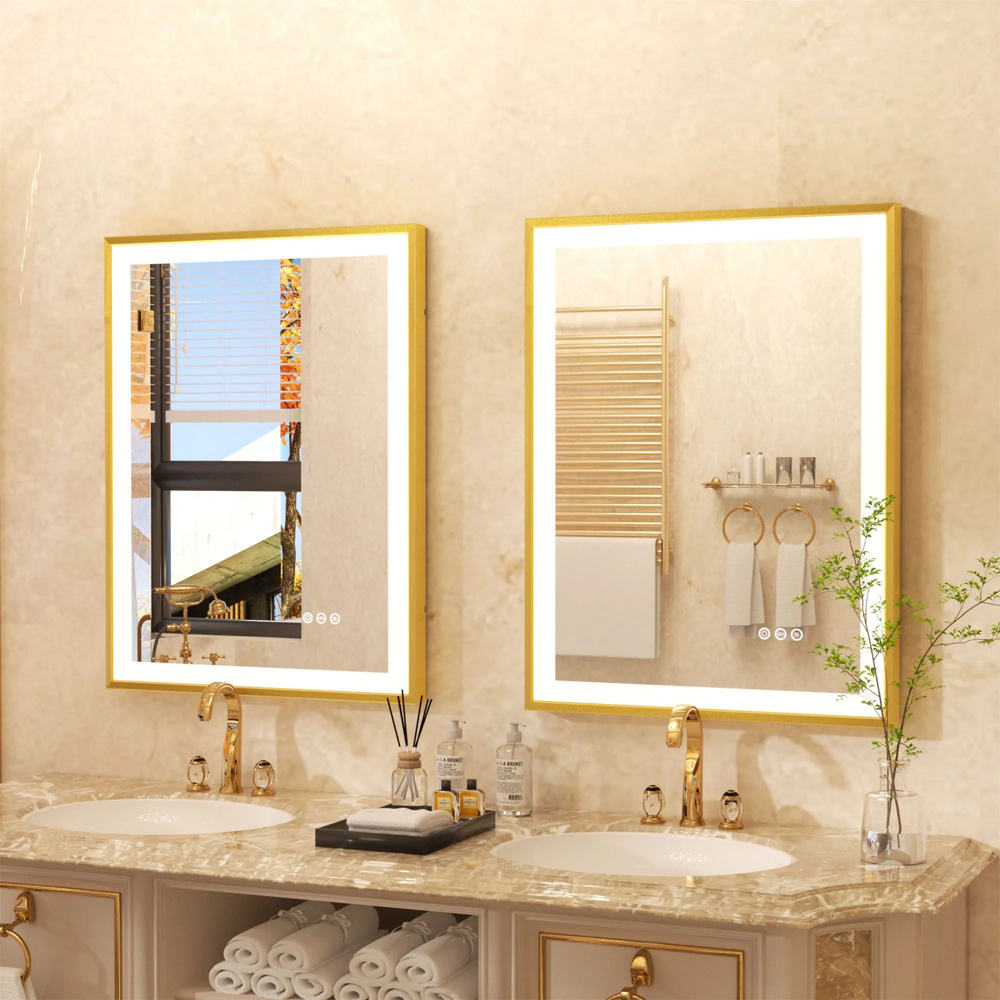 LED Badkamerspiegel Goud Frame – Dimbaar met 3 Lichtkleuren & Anti-Condens