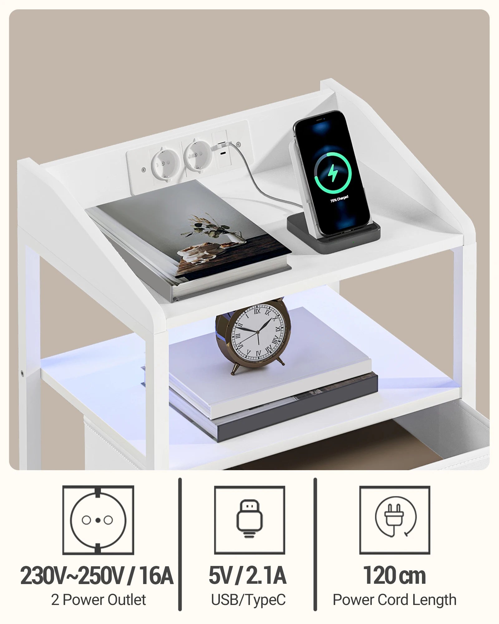 LED Nachtkastje met Oplaadstation en USB-C – Modern Bijzettafel met 2 Lades en Planken – Zwart/Wit