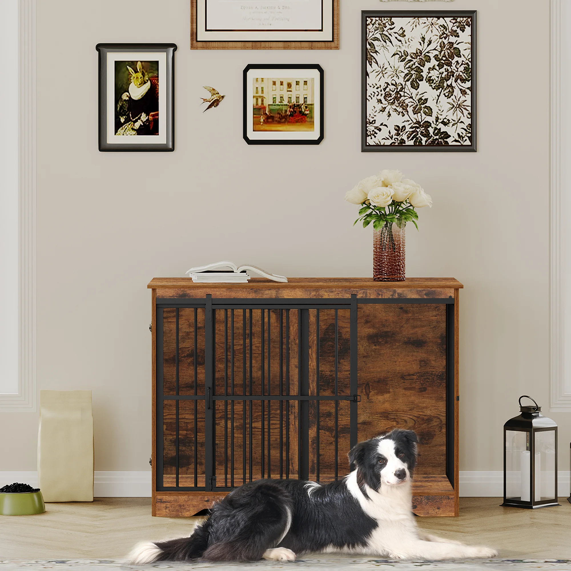 Houten Hondenbench Meubel XL met Schuifdeur – Design Hondenkooi voor Grote Honden – Industrieel Bijzettafel & Bench in Één