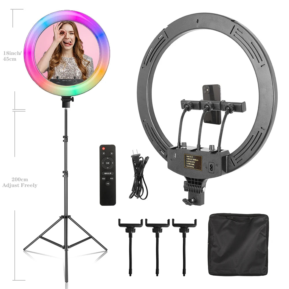 Dimbare 18 Inch RGB Selfie Ringlamp met Tripod en Telefoonhouder – Make-up, YouTube en Fotografie Studio Verlichting