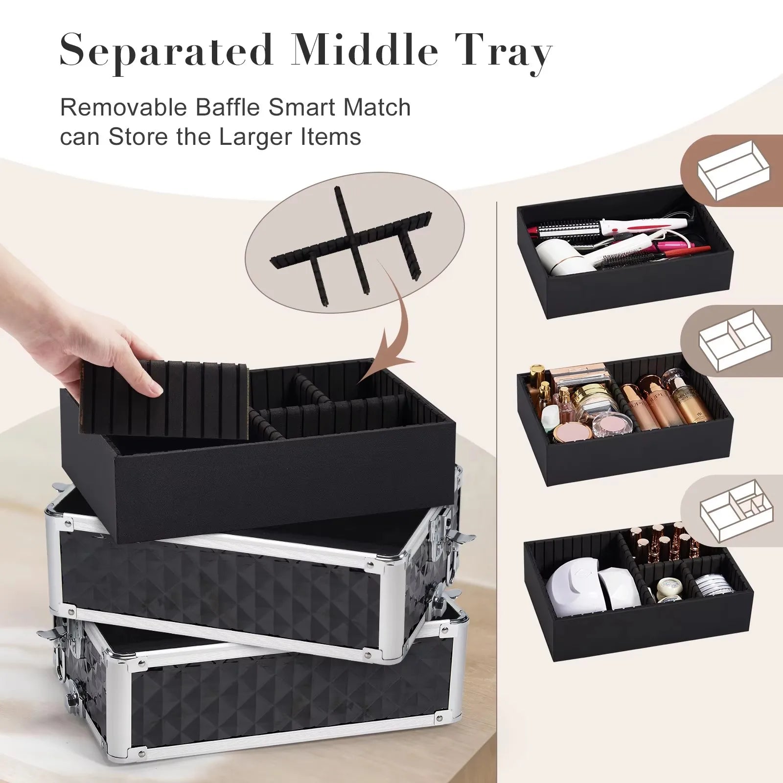 Professionele Make-up Trolley Koffer 4-in-1 – Aluminium Opbergkoffer met Wieltjes en Afneembare Compartimenten – Voor Cosmetica, Nageltools en Reis