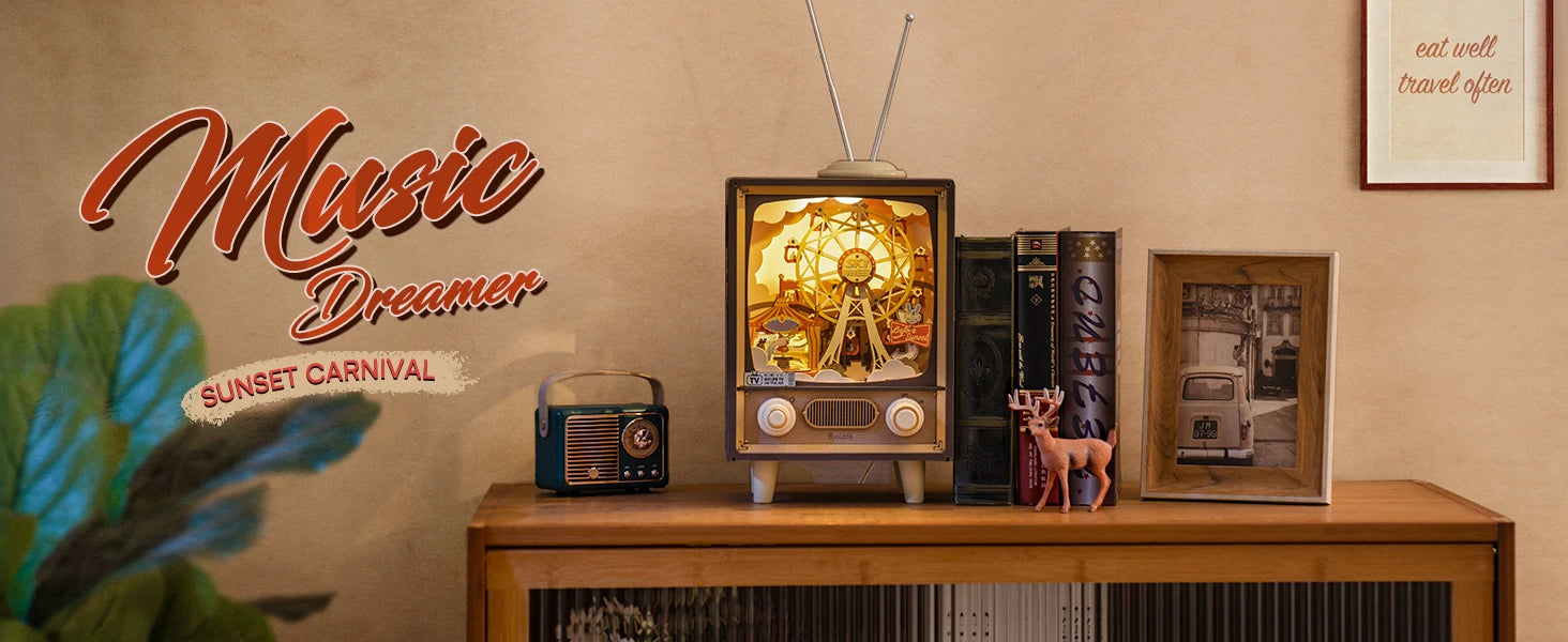 3D Houten Muziekdoos Reuzenrad met Licht – Sunset Carnival Nachtlampje en Decoratie – USB Oplaadbaar voor Woonkamer en Slaapkamer