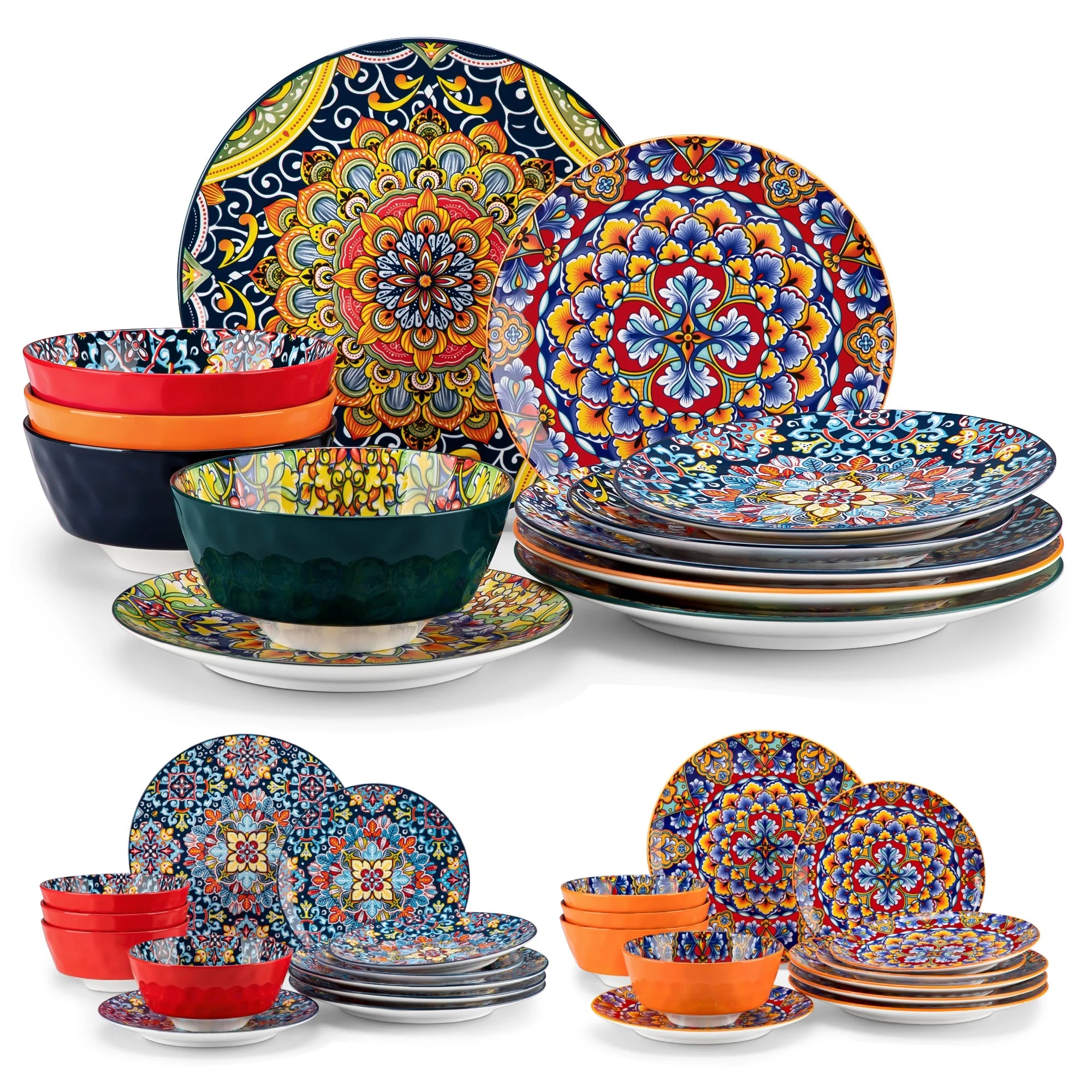 Boheemse 12-delige Keramische Servies Set – Porselein Dinerborden, Dessertborden & Kommen – Boho Servies met Bloemen Design