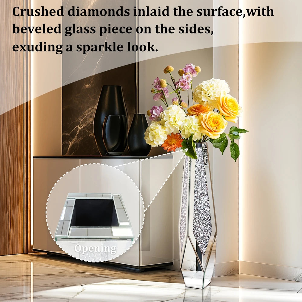 Grote Crushed Diamond Vloervaas – Luxe Spiegel Vaas met Kristal Effect – Moderne Zilveren Bloemenvaas 85 cm