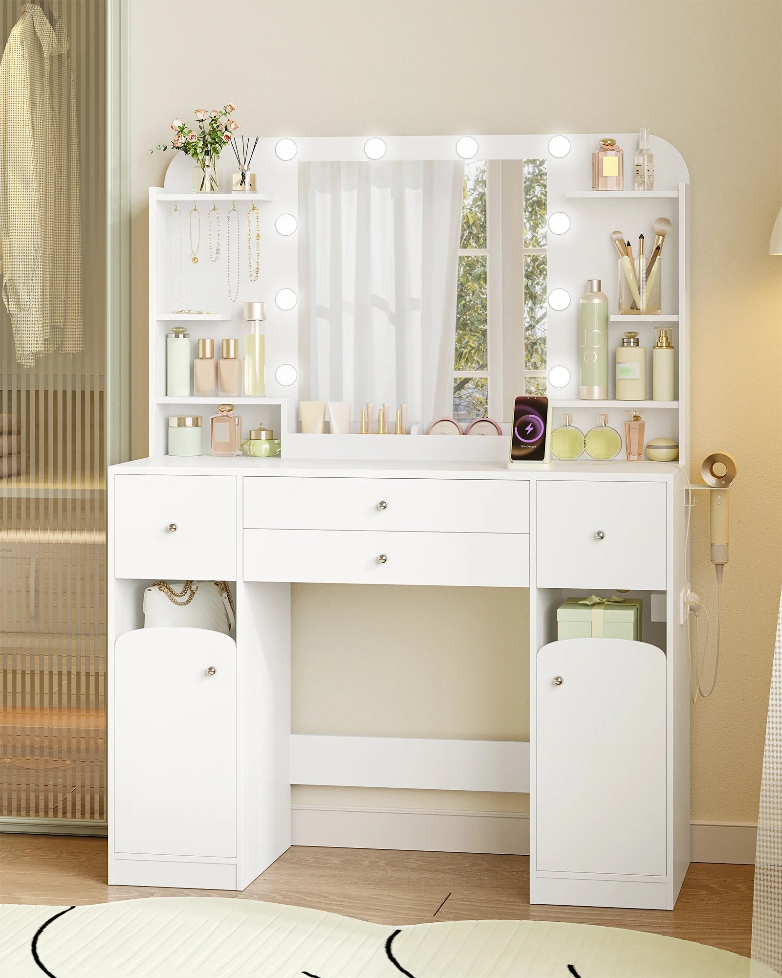 Kaptafel met LED Verlichting en Spiegel – Moderne Make-up Tafel met Stopcontact, USB, Lade & Sieraden Opbergruimte – Wit