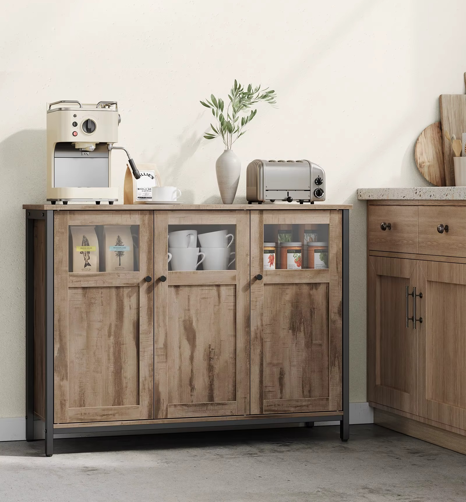 Industriële Dressoir met Glazen Deuren – Stalen Frame Opbergkast