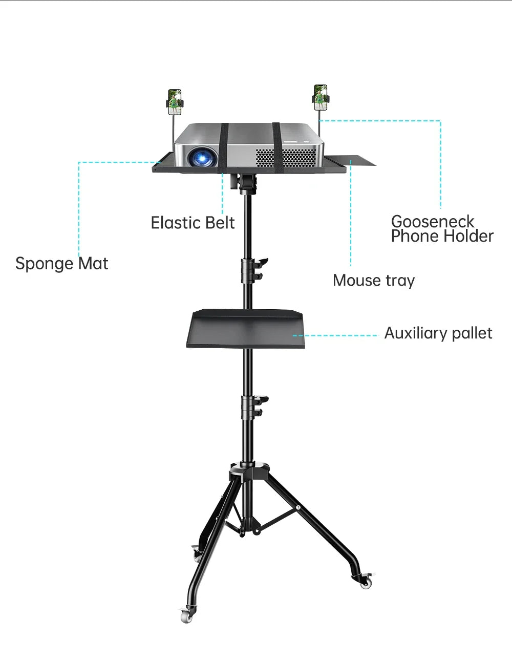 Verstelbaar Projector- en Laptopstatief 145 cm – Mobiel Statief met Wielen voor Camera, Laptop en Projector – Opvouwbaar en Draagbaar