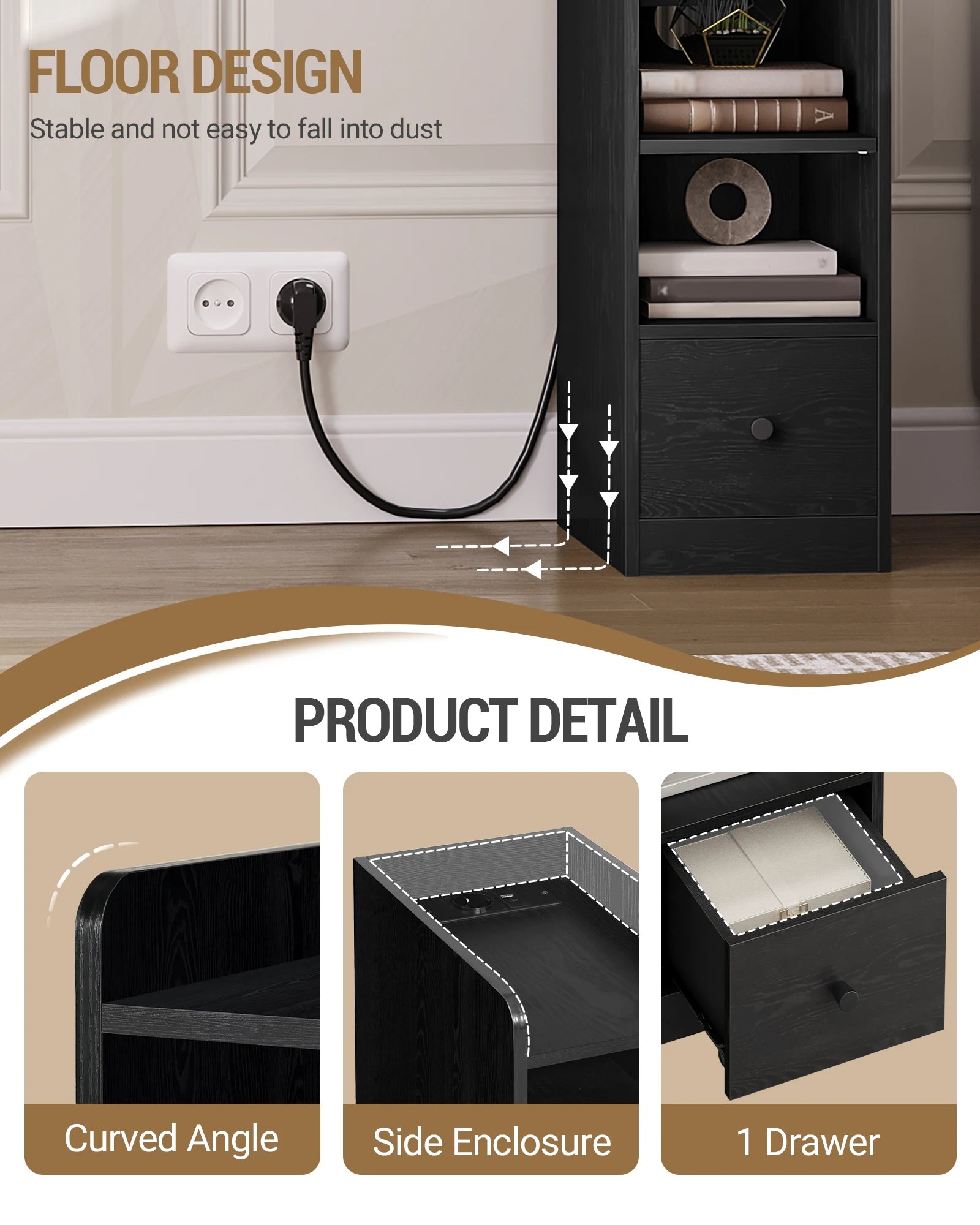 Nachtkastje Set van 2 met Oplaadstation – USB & USB-C – Modern Smal Bijzettafeltje met Lade en Opbergruimte – Zwart
