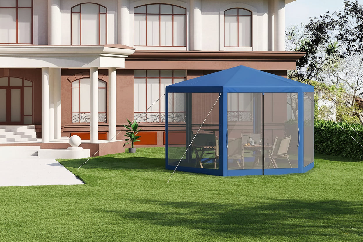 Tuinpaviljoen 3,8 x 3,3 m met Klamboe – Tuinhuisje met Mesh Zijwanden, UV-Bescherming & Luifel voor Tuin en Terras