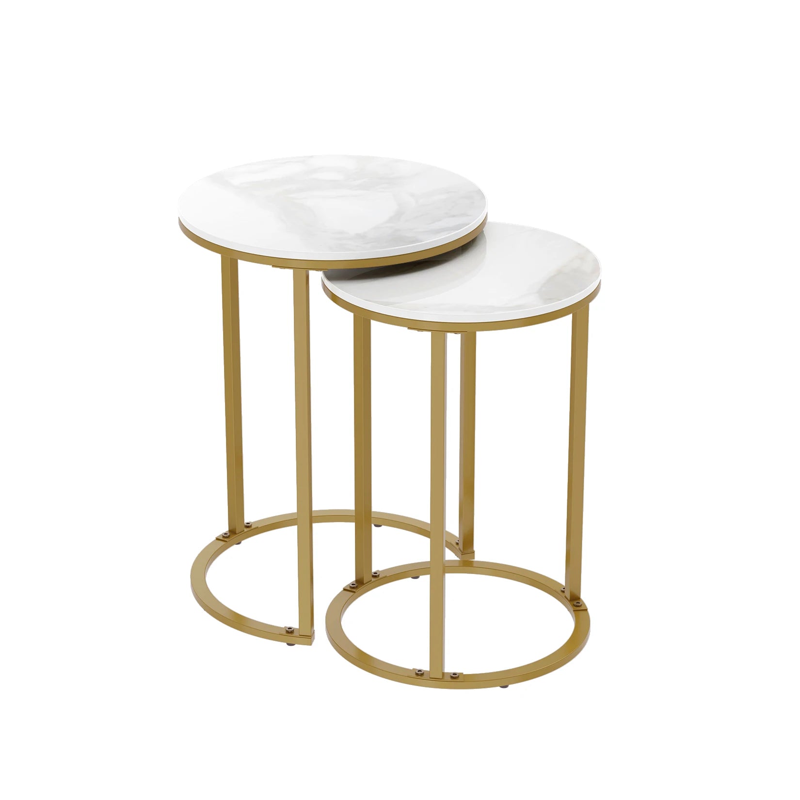 Set van 2 Ronde Bijzettafels – Gesinterd Steen & Gouden Metaal – Moderne Nesting Tafels Wit