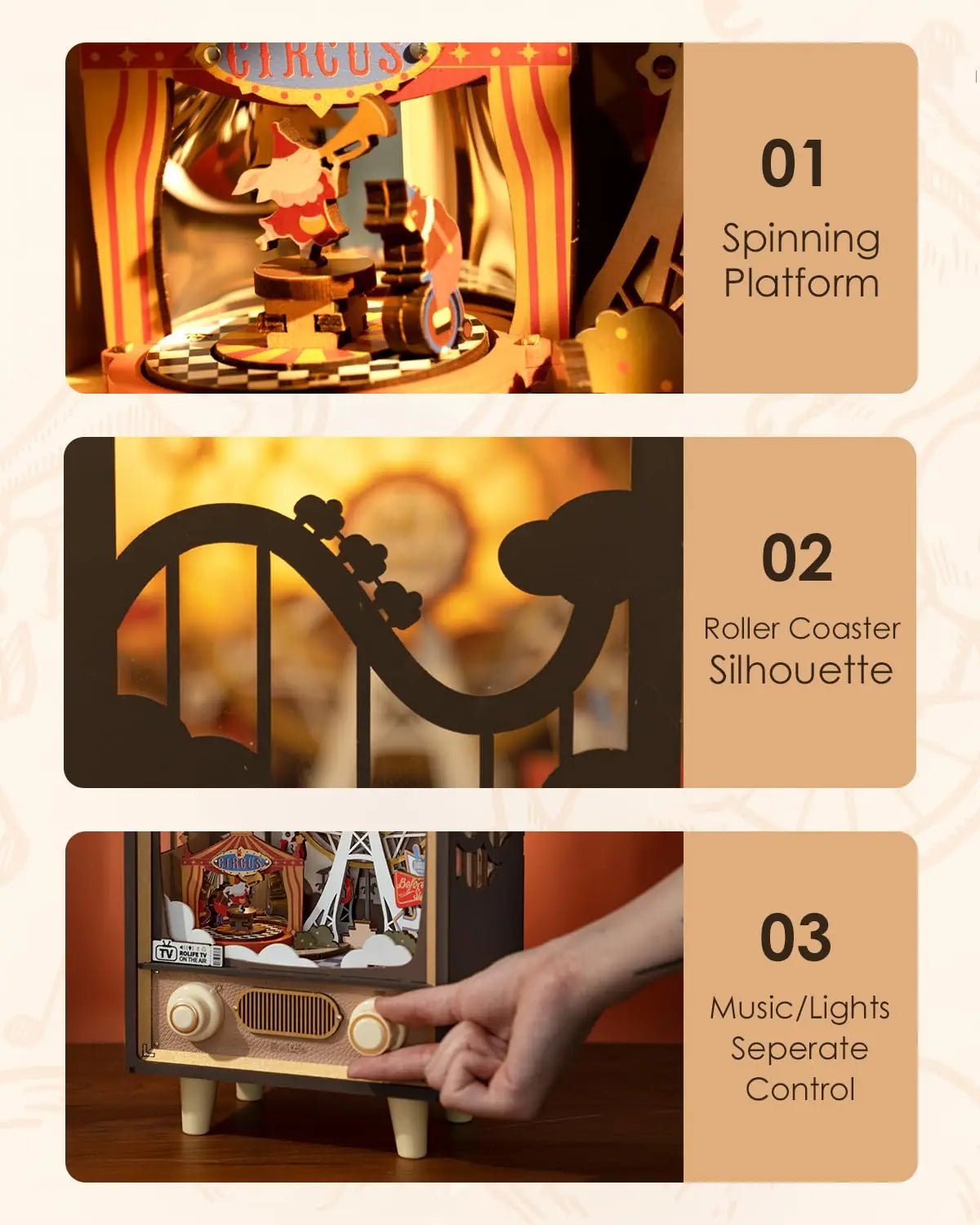 3D Houten Muziekdoos Reuzenrad met Licht – Sunset Carnival Nachtlampje en Decoratie – USB Oplaadbaar voor Woonkamer en Slaapkamer