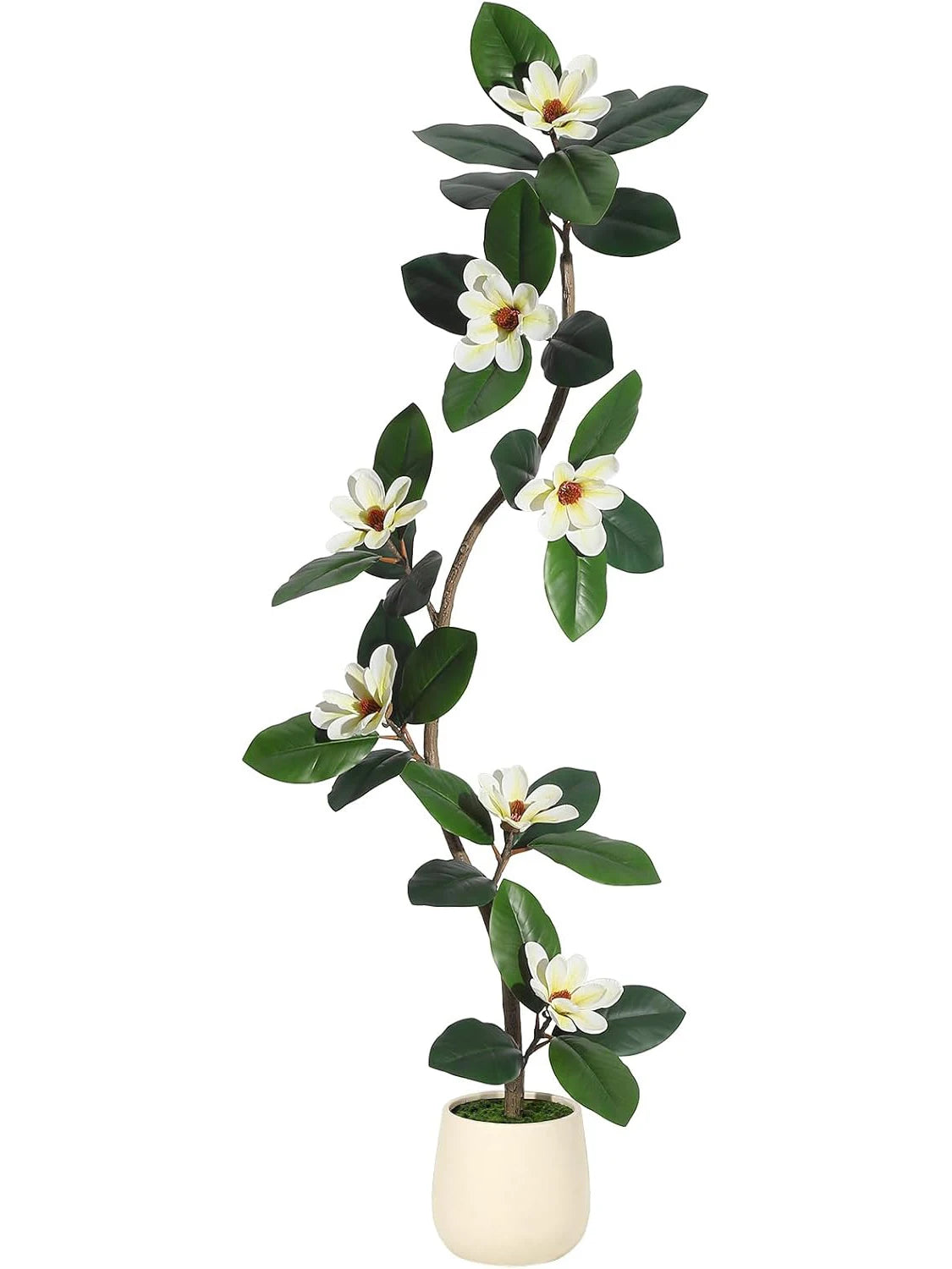 Kunstmatige Rubberboom met Magnoliabloemen – S-vormige Nepplant in Witte Pot voor Binnen, Realistische Kunstplant Groot Formaat