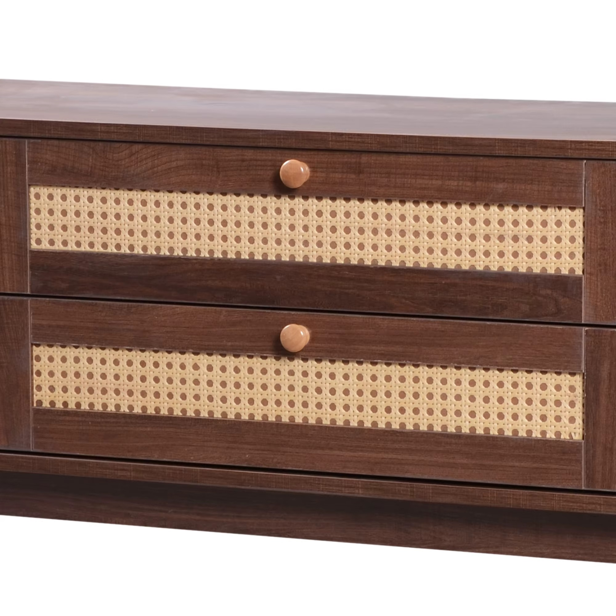 Houten TV Kast Landelijk met Rotan Lades en Deuren – Massief Hout TV Meubel Walnootkleur