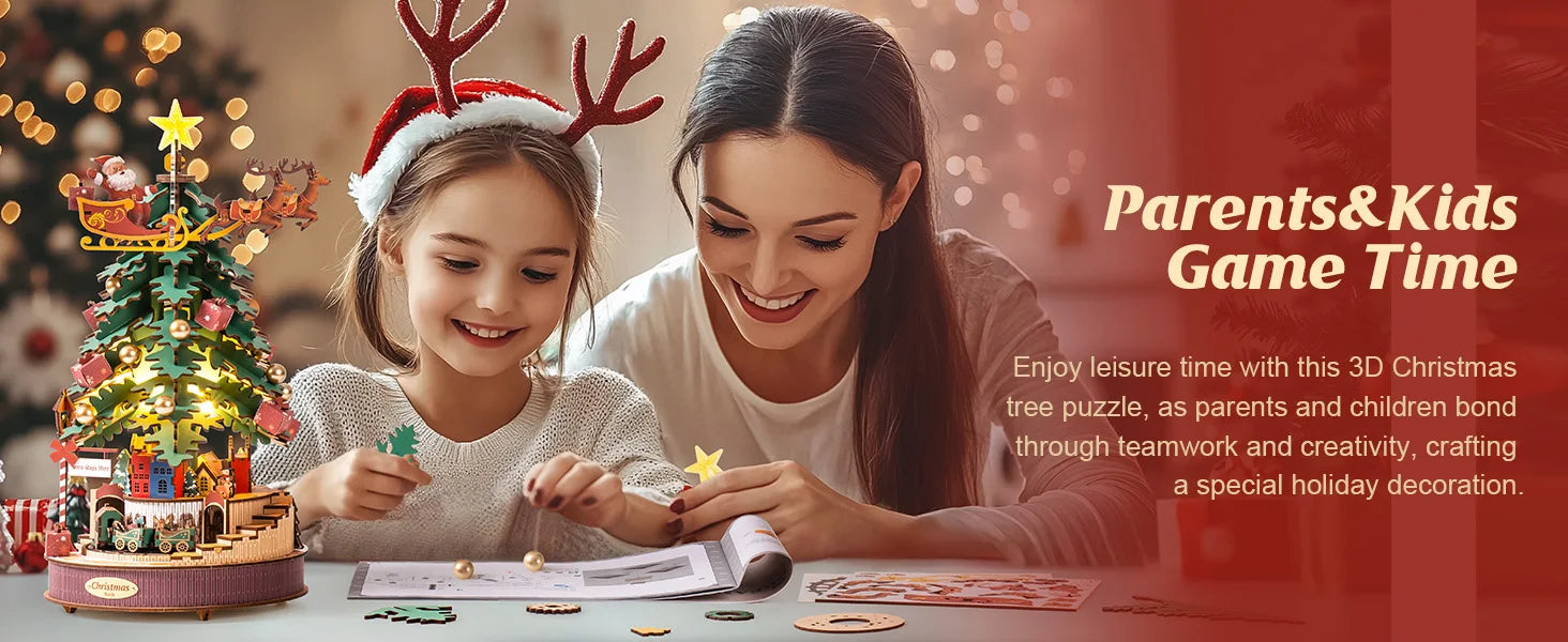 3D Houten Kerstboom Muziekdoos met Licht – DIY Kerstpuzzel met Kerstmelodieën – Decoratieve Kerst Muziekdoos voor Tafeldecoratie en Cadeau
