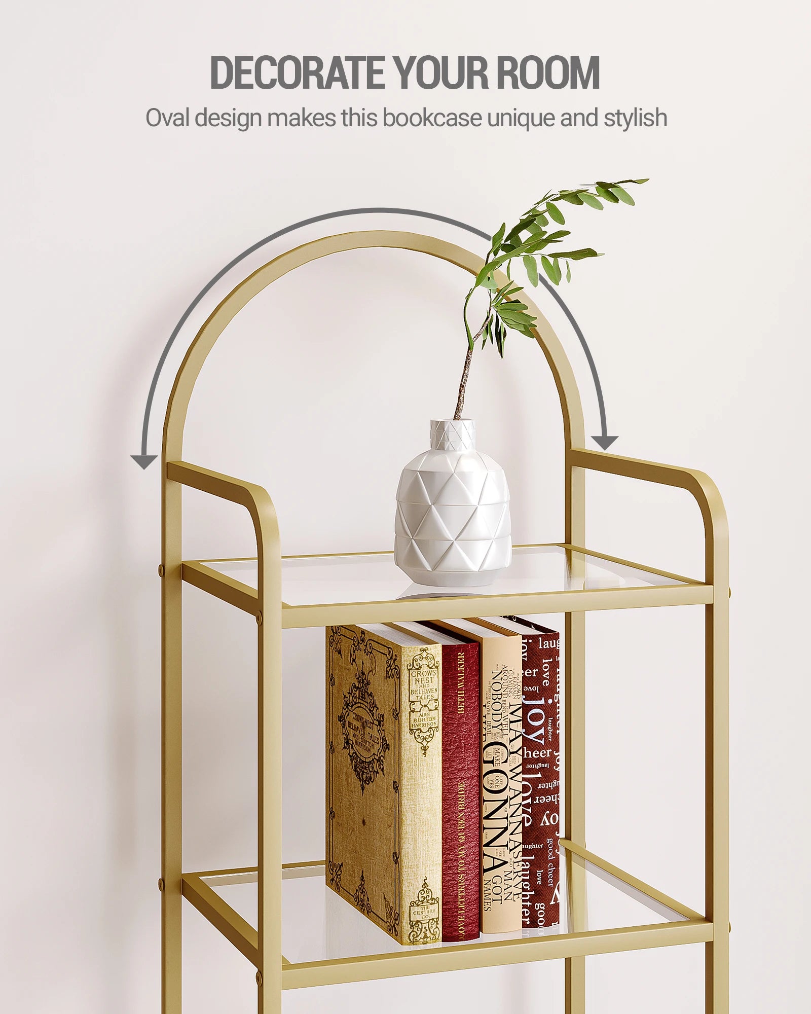 Smalle Boekenkast met Gehard Glas en Gouden Frame – 6-Laags Ladder Kast voor Woonkamer, Slaapkamer & Badkamer