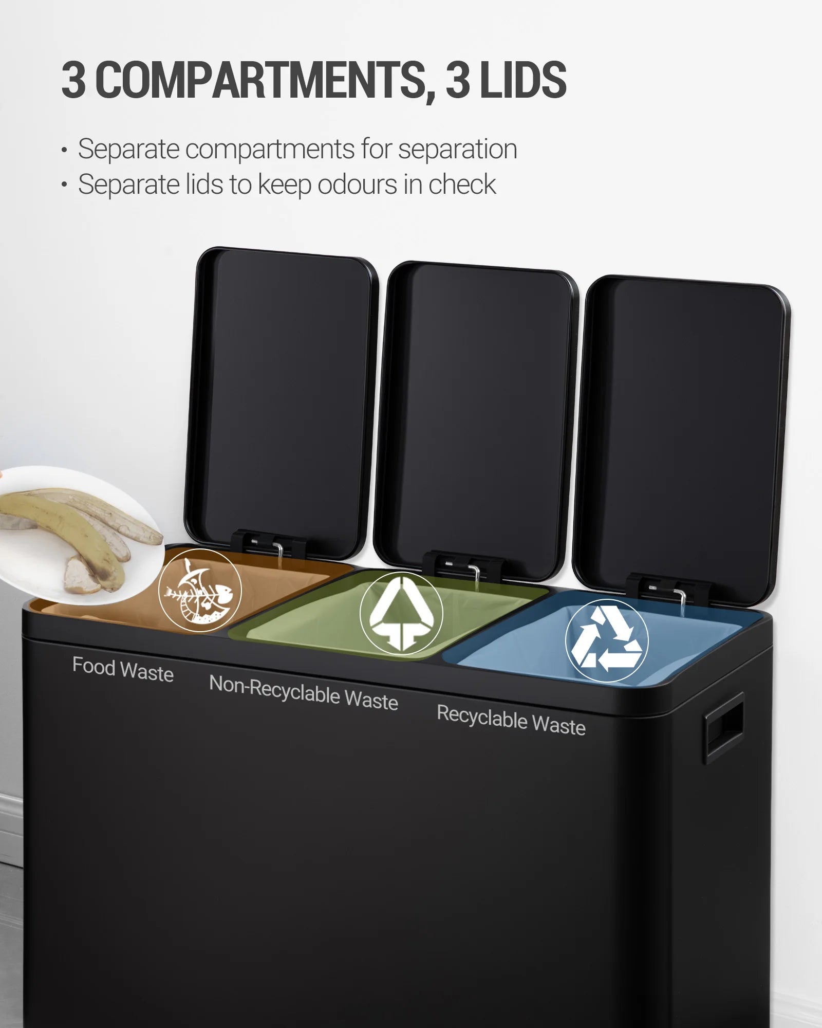 Moderne Keuken Prullenbak 45L – 3 Compartimenten Afvalscheiding – RVS Pedal Bin voor Keuken en Kantoor