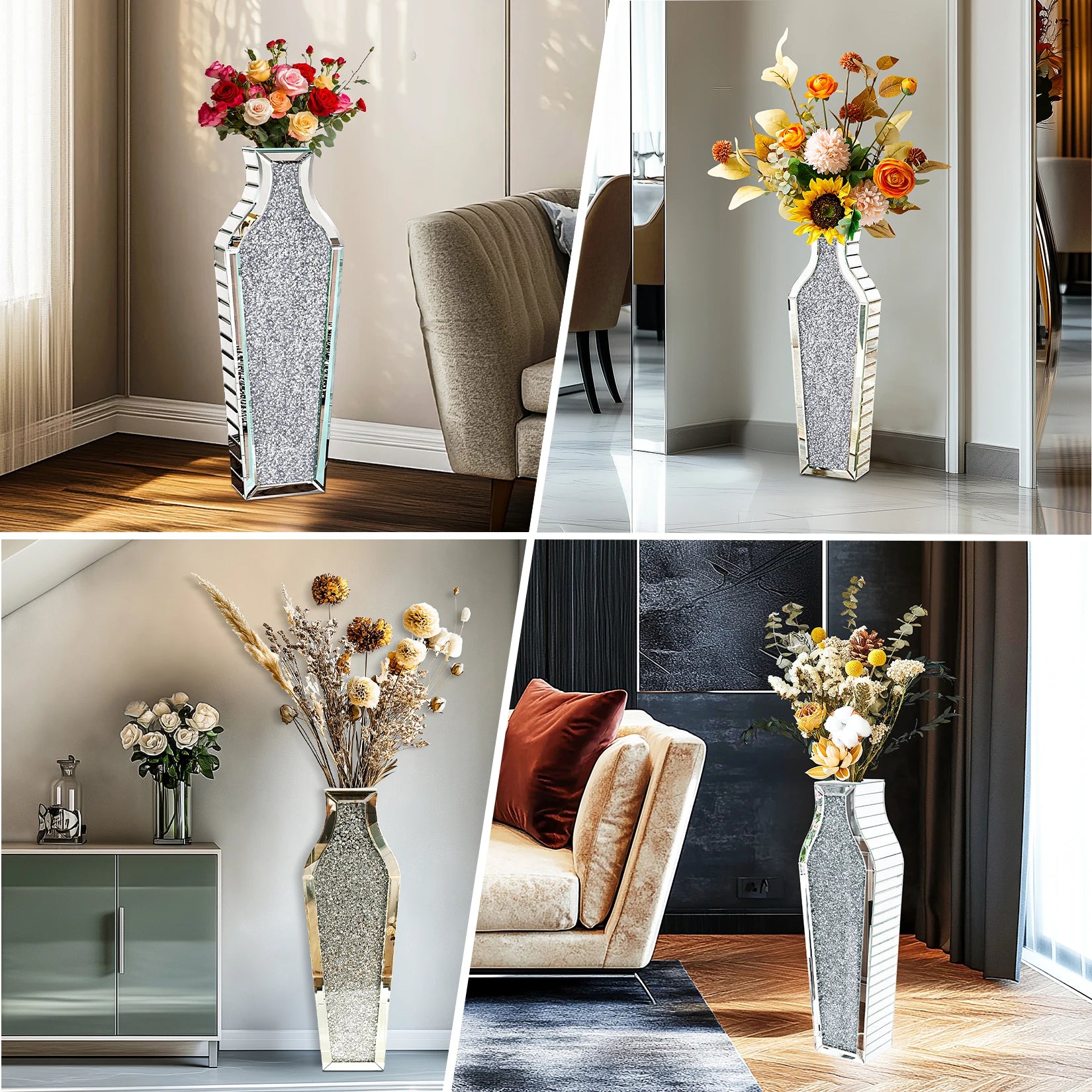 Hoge Spiegelende Bloemvaas 68,5 cm – Luxe Diamant Design Vloervaas Zilver voor Woonkamer en Interieur