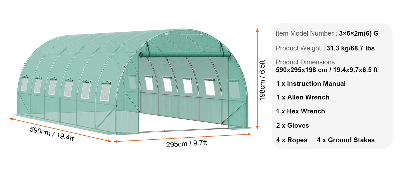 Wandelbare Tunnelkas met Stalen Frame 345×195×192 cm – Grote Inloop Tuinkas met PE Afdekking, Ritsdeur en Ventilatieramen