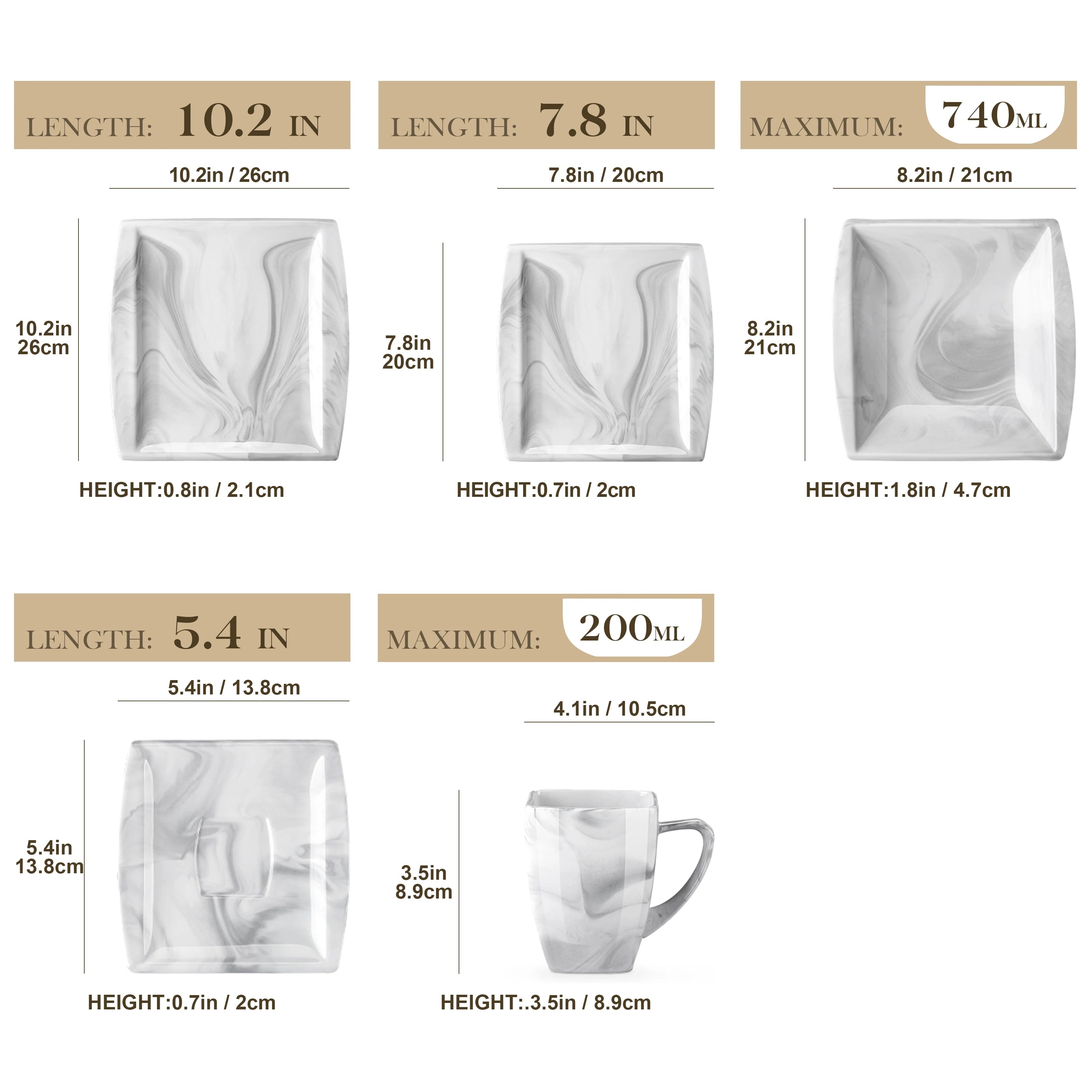 Marmergrijze porseleinen serviesset – servies voor 12 personen met kopjes, schoteltjes, dessertborden, soepborden en dinerborden.
