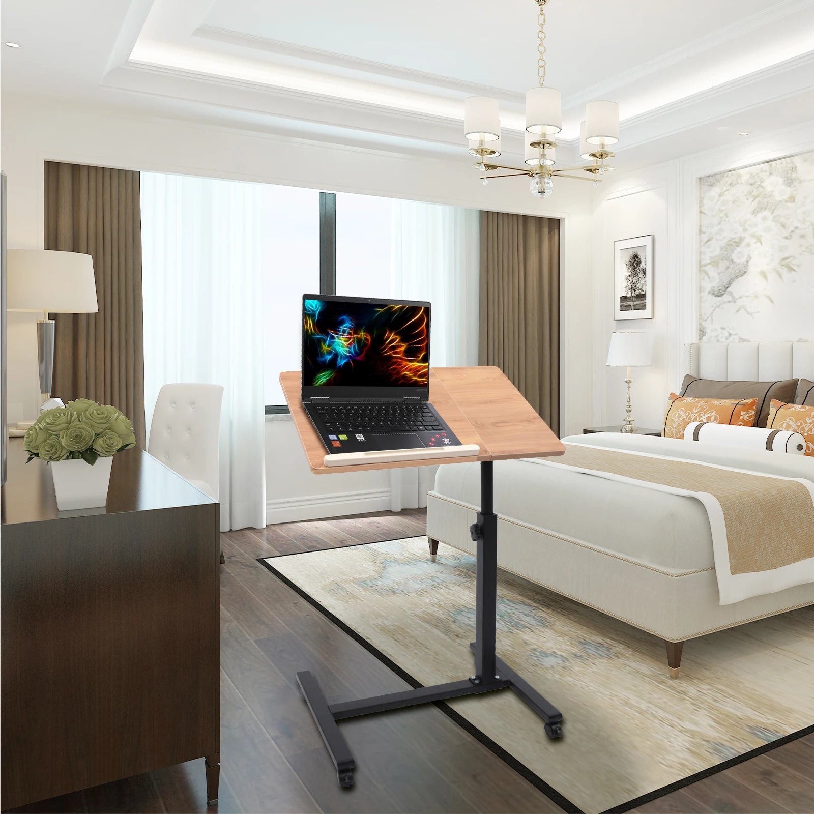 Verstelbaar Laptopbureau 360° Draaibaar – Mobiele Laptoptafel met Wielen – Ergonomisch Bureau in Hoogte Verstelbaar voor Thuiswerken en Studeren