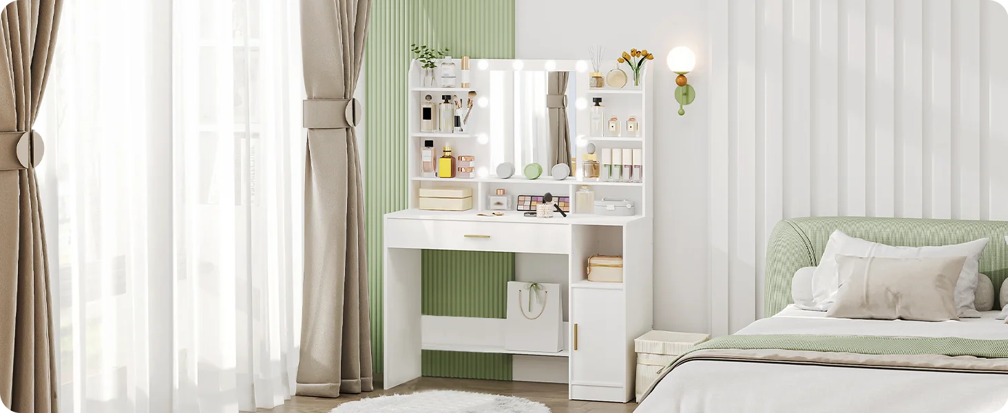 Kaptafel met Spiegel en LED Verlichting – Moderne Make-up Tafel met Lades, Open Opbergruimte en Verstelbare Verlichting – Wit