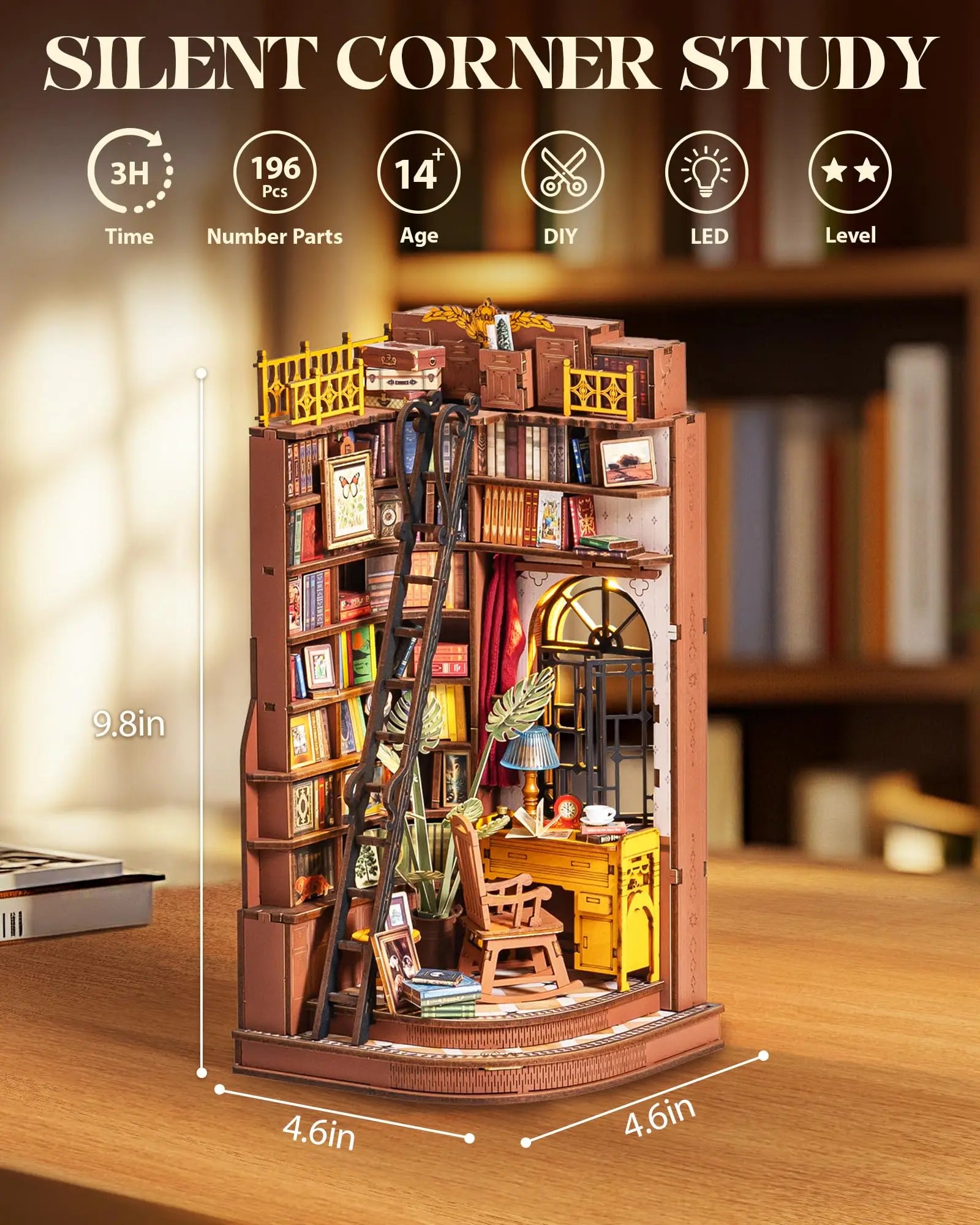 DIY Book Nook Miniatuur Bibliotheek met LED Verlichting – Britse Stijl Boekensteun Bouwpakket – Decoratieve Boekenplank Insert voor Boekenkast