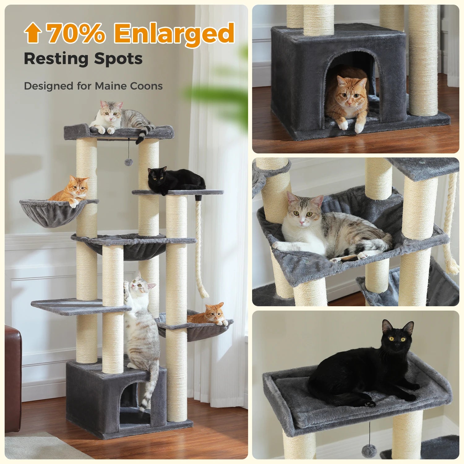 Grote Kattenboom voor Grote Katten – Robuuste Krabpaal met 11 Sisal Palen, Hangmatten en Kattenhuis