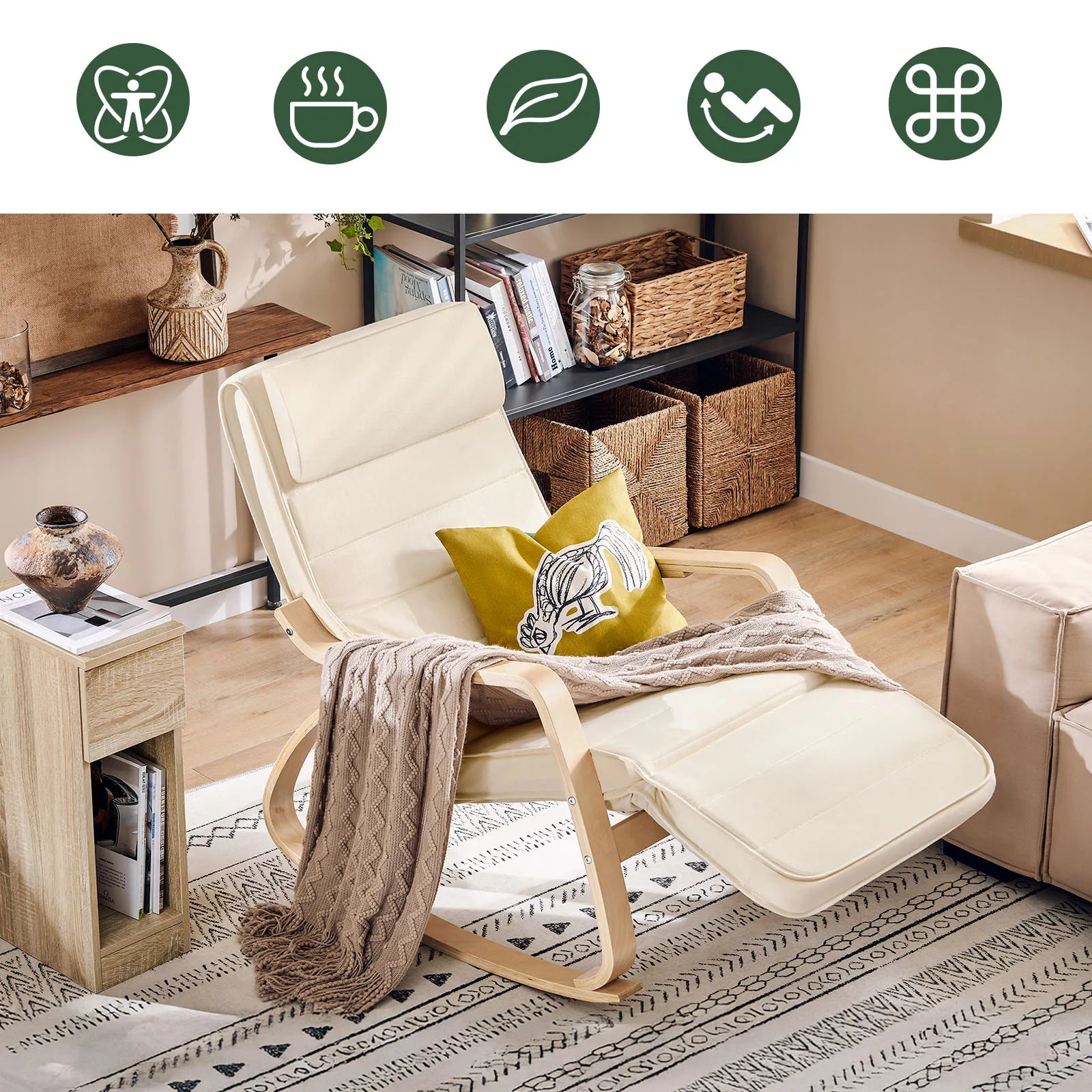Schommelstoel met Voetensteun Berkenhout – Verstelbare Relaxstoel Beige 150 kg