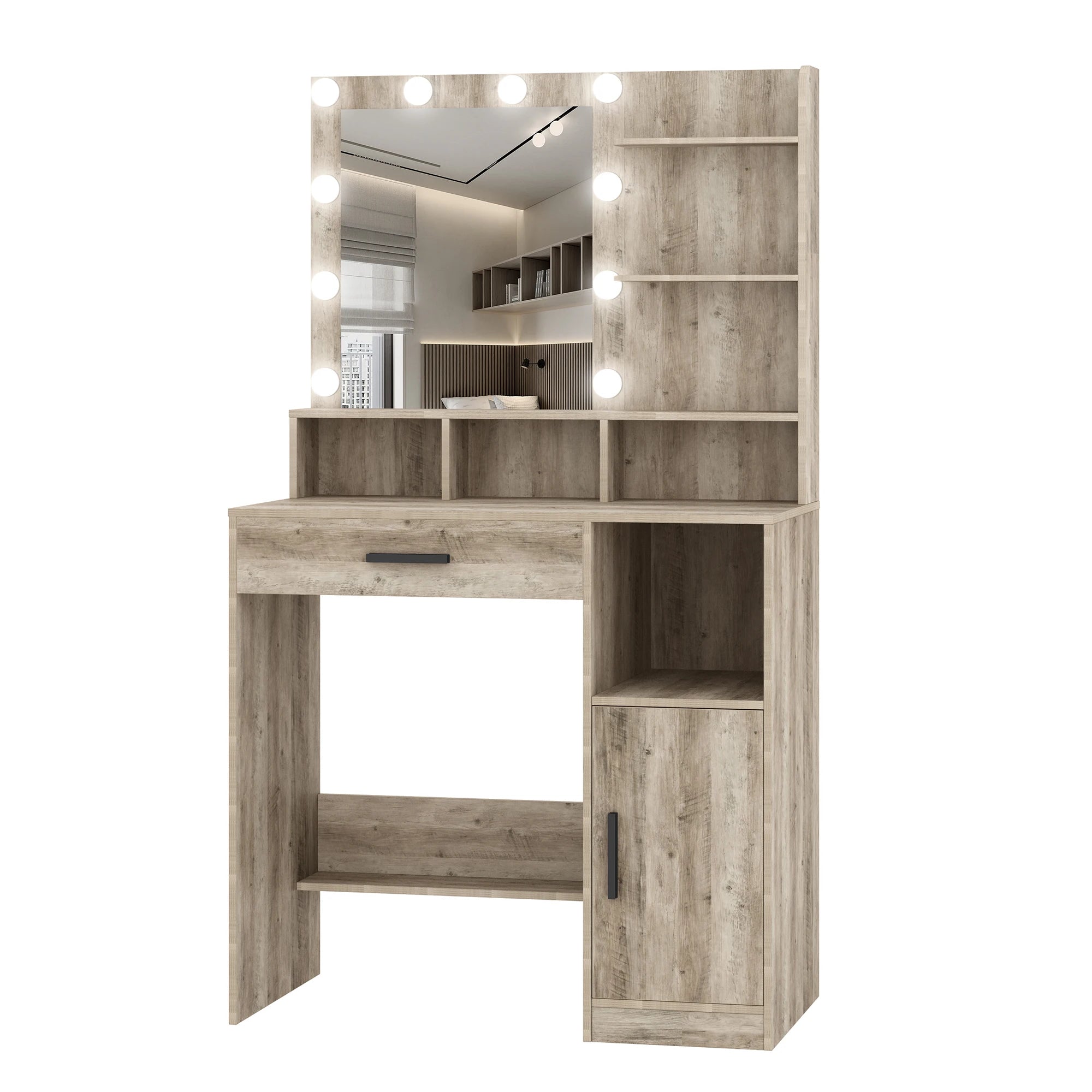 Make-up Tafel met Spiegel en LED Verlichting – Dressing Table met Lade, Planken en Opbergruimte – Modern Minimalistisch