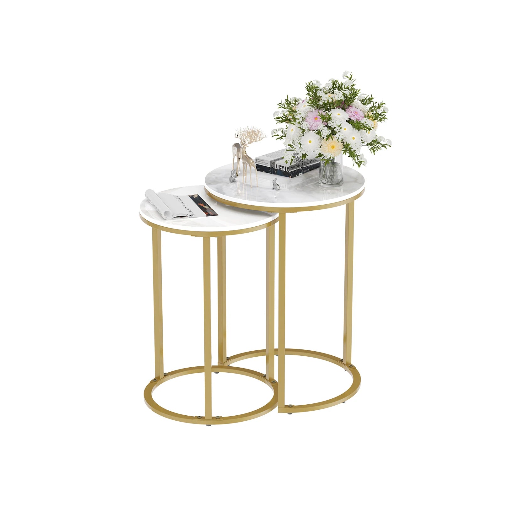 Set van 2 Ronde Bijzettafels – Gesinterd Steen & Gouden Metaal – Moderne Nesting Tafels Wit
