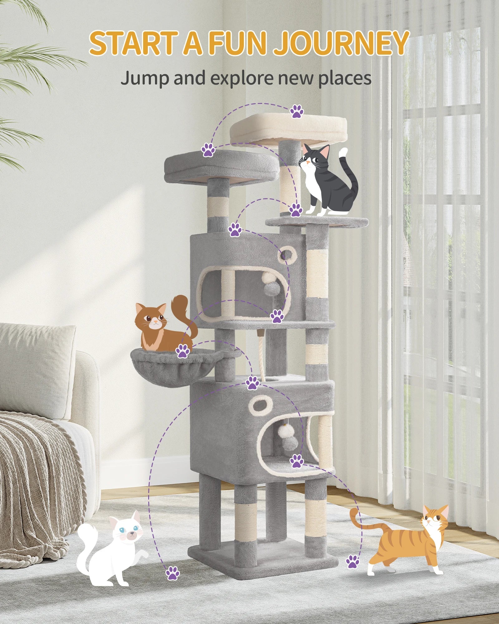 Kattenkrabpaal 159 cm met Meerdere Niveaus – Grote Kattenboom met 2 Huisjes, Platforms, Mand & Sisal Krabpalen voor Binnenkatten
