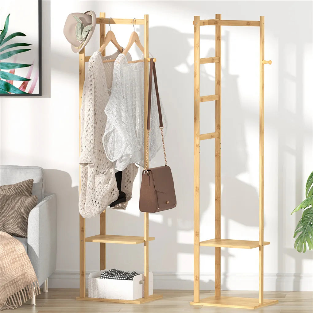 Bamboe Kledingrek met Planken en Haken – Vrijstaand Houten Kledingrek voor Hal, Slaapkamer en Woonkamer