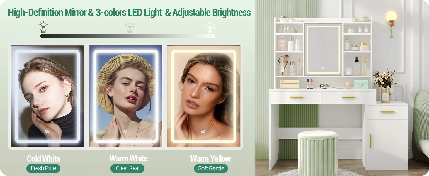 Kaptafel met LED Spiegel en Opbergruimte – Moderne Make-up Tafel met 3 Laden, Kast en Schappen – Witte Dressing Table voor Slaapkamer