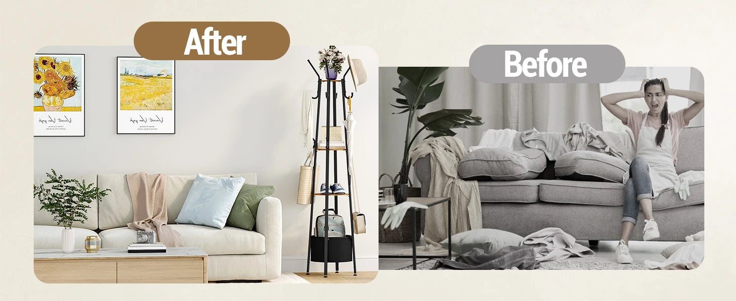 Kapstok met Opbergruimte en Mand – Staande Kapstok met 3 Planken en 16 Haken – Industrieel Design voor Hal en Slaapkamer
