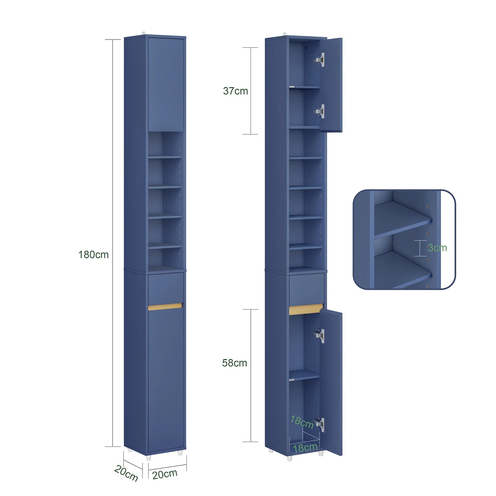Hoge, Smalle Badkamerkast 20×180×20 cm – Vochtbestendige Opbergkast met Lade en Verstelbare Planken