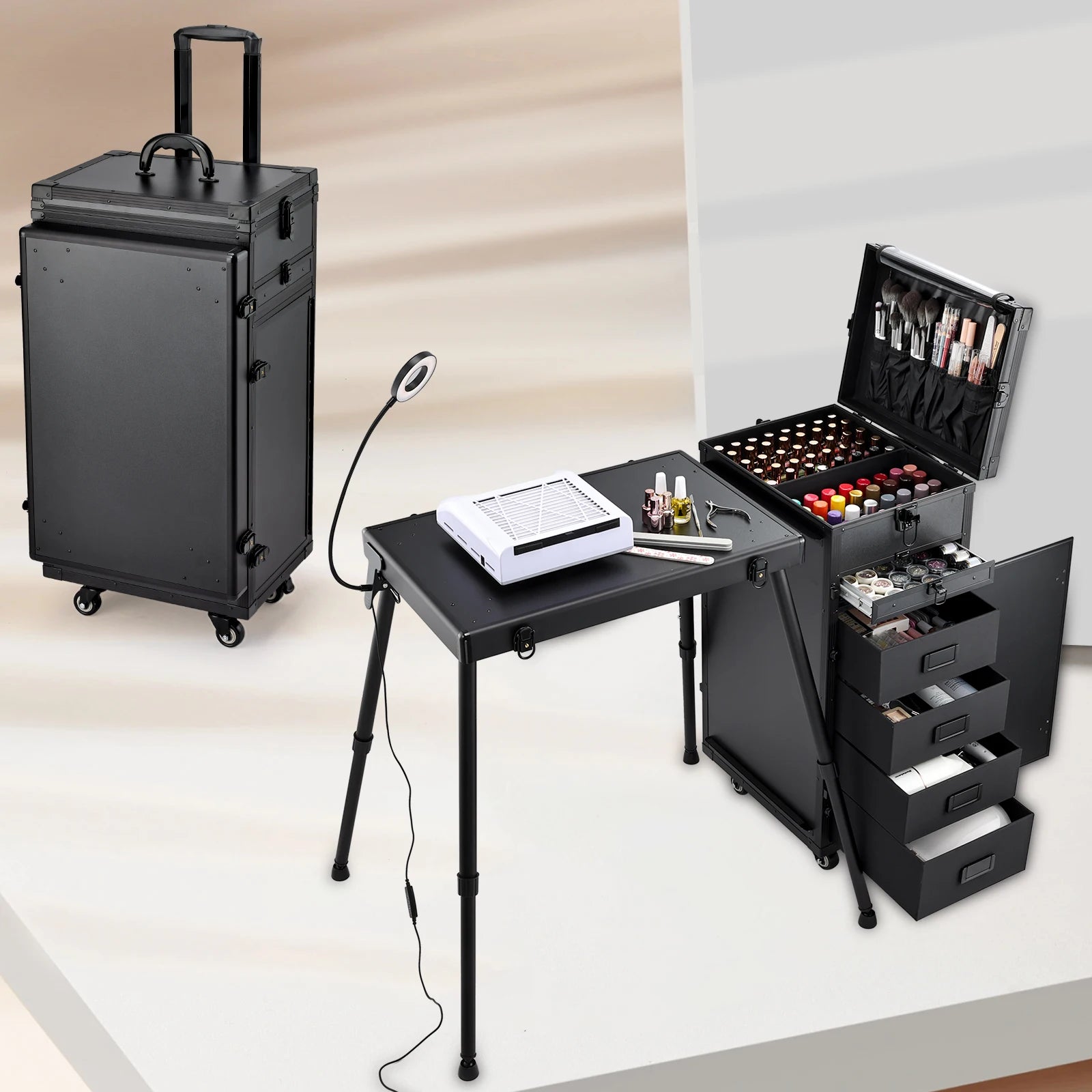 Mobiele Manicure Tafel met 5 Lades – Rijdende Nageltafel op Wielen – Opvouwbaar en Ruim Opbergstation voor Nagelstudio en Thuisgebruik