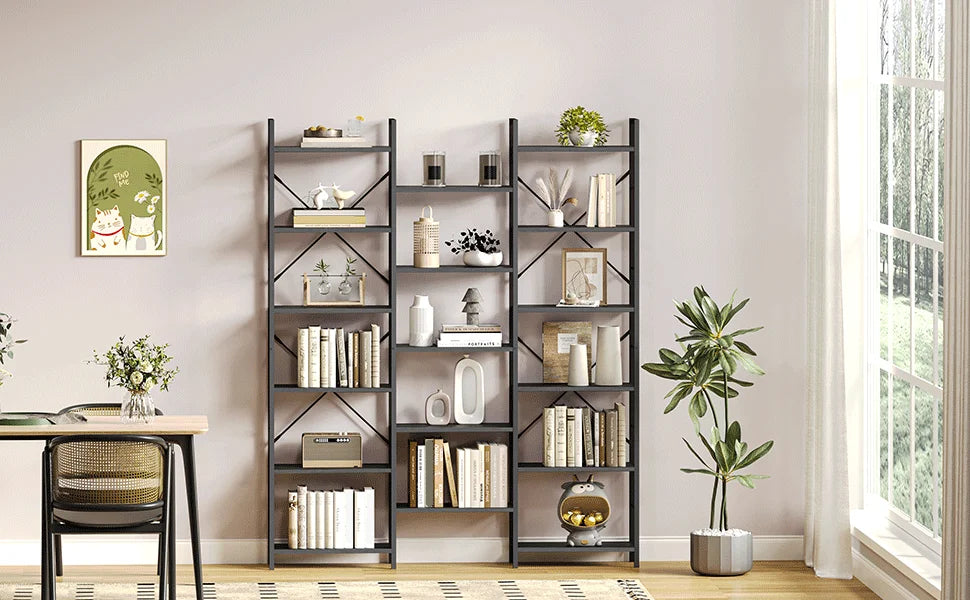 Industriële Boekenkast met 17 Planken – Grote Open Kast met Metalen Frame en Verstelbare Planken voor Woonkamer & Slaapkamer