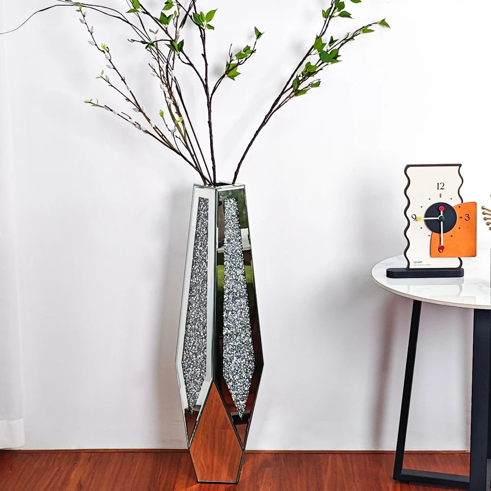 Grote Crushed Diamond Vloervaas – Luxe Spiegel Vaas met Kristal Effect – Moderne Zilveren Bloemenvaas 85 cm