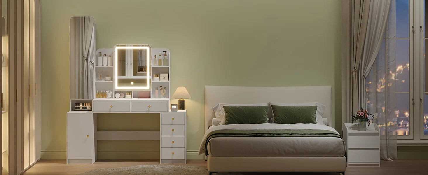 Moderne Make‑up Tafel met LED‑Verlichting, Spiegel & Veel Opbergruimte – 8 Open Vakken, 6 Laden, Sieradenvak – Witte Kaptafel voor Slaapkamer